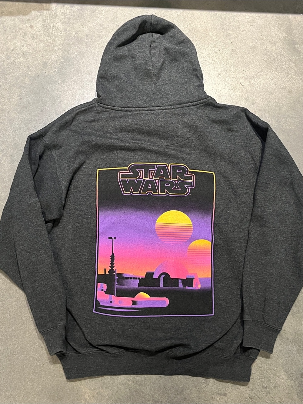 Star Wars Charcoal Hoodie with Sunset Graphic 2 Moons of Tatooine M
